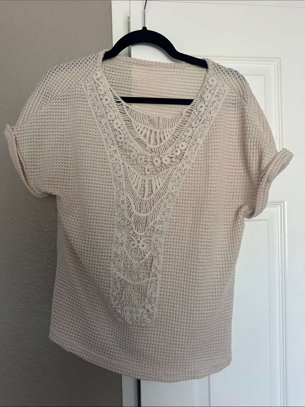 Cream Crochet-Detail Short Sleeve Top